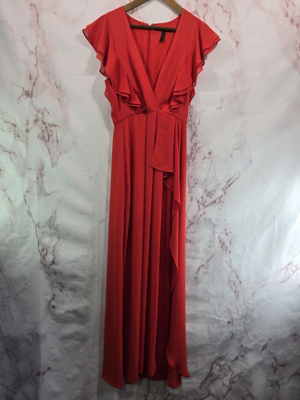 BCBG Dress Womens Small 6 Orange Maxi Ruffle Slits Greek Roman Convertible 2 Way